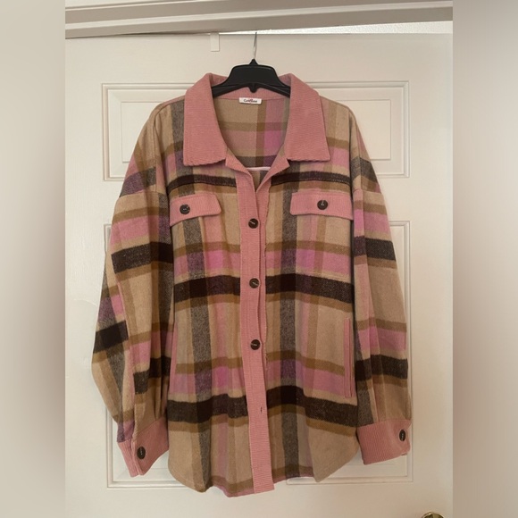 Pink plaid corduroy trim shacket - Picture 1 of 3
